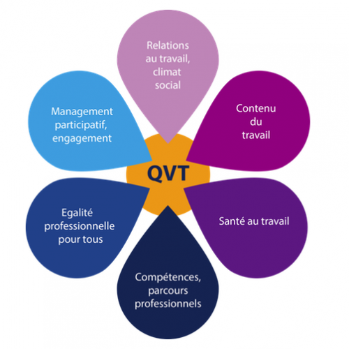 QVT : relation au travail, climat social; contenu et organisation du travail; santé au travail; compétences parcours professionels; égalité professionnelle pour tous, performances et management.